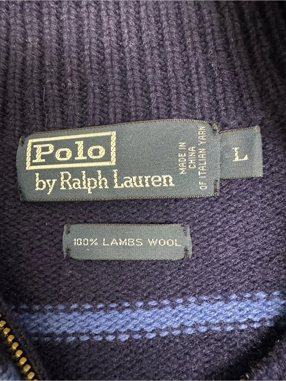 Polo Ralph Lauren | 100% Lambswool Quarter Zip Sweater Blue Striped | Size Large